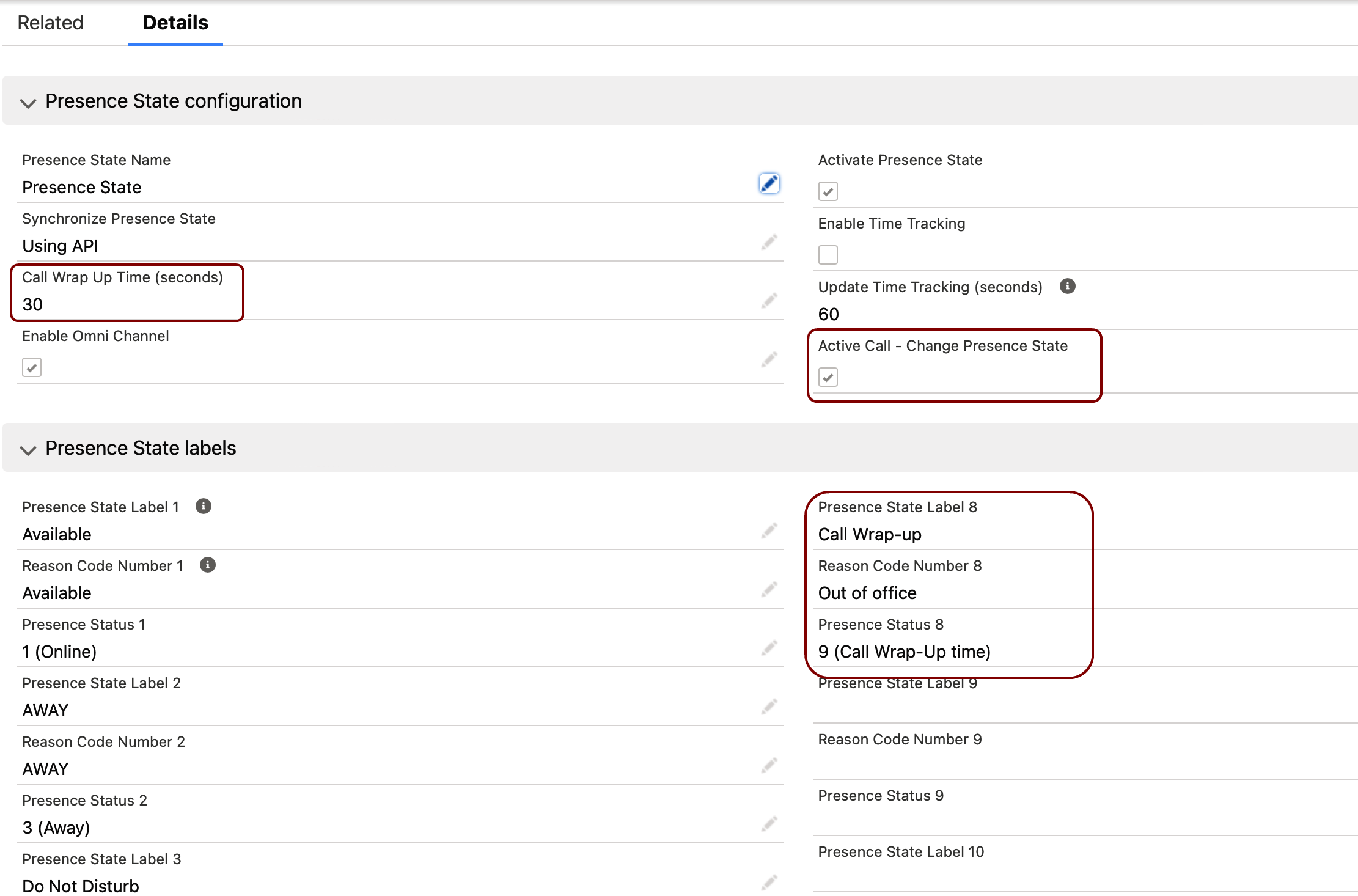 call center configuration-presence state-wrapuptime