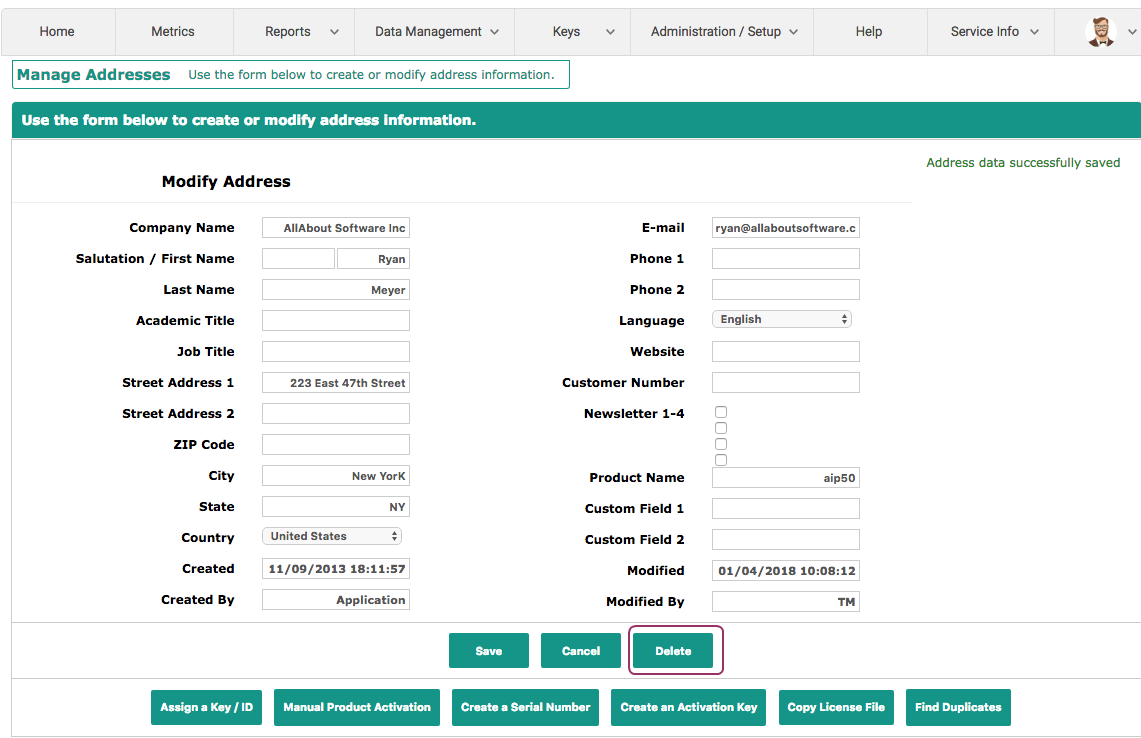 Address without keys - Delete button available